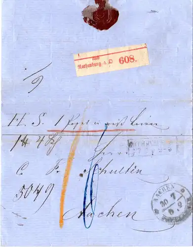 Preussen 1860, R2 ROTHENBURG a.O. auf Paketbrief m. K2 AACHEN PACKKAMMER