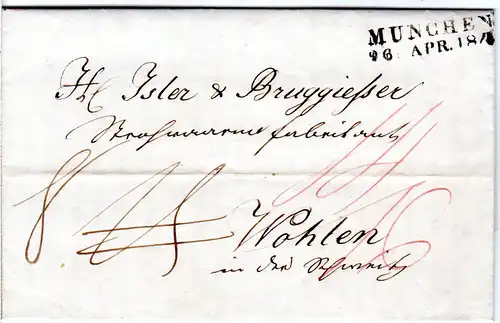 Bayern 1842, L2 MÜNCHEN auf Porto Brief i.d. Schweiz