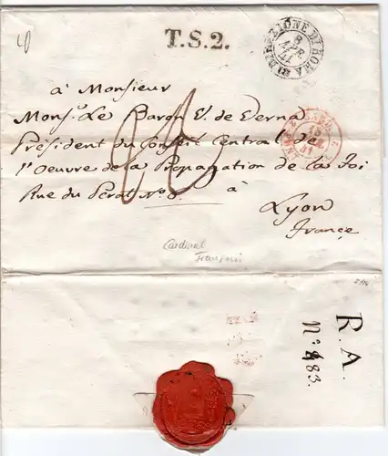 Italien Kirchenstaat 1841, Porto Brief v. Rom n. Frankreich m. Transitstpl. TS2