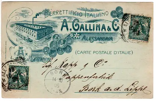 Italien 1905, 2x5 C. auf attraktiver Firmenkarte v. ALESSANDRIA