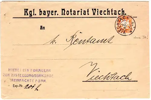Bayern 1909, EF 25 Pf. auf Zustellungsurk. Orts-Brief m u. K2 VIECHTACH ohne JZ.