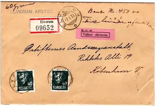Norwegen 1933, MeF 2x40 öre auf gesiegeltem Wert Brief v. Elverum n. Dänemark