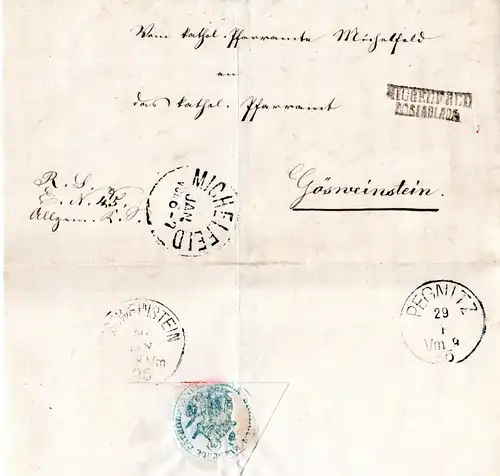 Bayern 1866, L2 POSTABLAGE MICHELFELD auf Brief n. Gössweinstein.