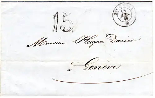 Schweiz 1856, Portostpl. 15 auf Brief v. St. Croix n. Genf