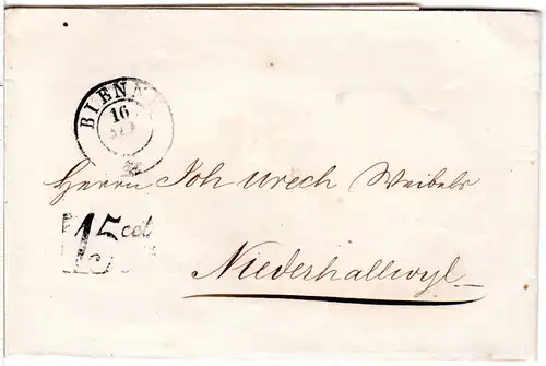 Schweiz 1852, Portostpl. 15cts auf Brief v. Bienne n. Niederhallwyl