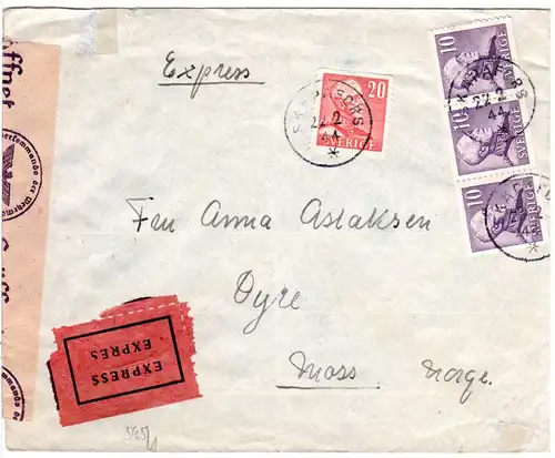 Schweden 1944, 20+3x10 öre auf Express Zensur Brief v. Skapafors n. Norwegen