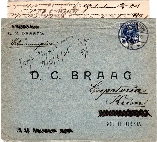 Dänemark 1905, 20 öre auf Vordruck Brief n. Eupatoria, Krim, Russland