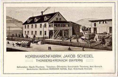 Thonberg-Kronach, Korbwarenfabrik J. Schedel, ungeb. sw-AK Gebäude u. Fuhrwerken