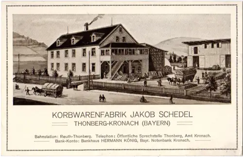 Thonberg-Kronach, Korbwarenfabrik J. Schedel, ungeb. sw-AK Gebäude u. Fuhrwerken