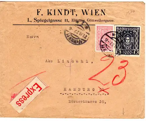 Österreich 1922, 1000+200 K. auf Brief v. Wien m. rücks. Hamburg Eilbotenstempel