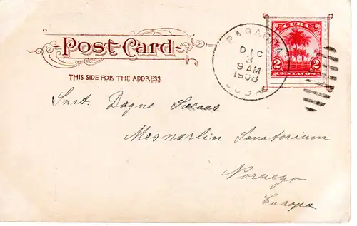 Cuba 1908, 2 C. auf Karte v. BARACOA n. Norwegen.