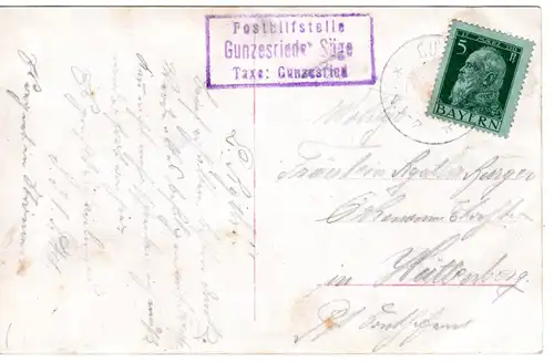 Bayern 1912, Posthilfstelle GUNZESRIEDER SÄGE Taxe Gunzesried auf Karte m. 5 Pf