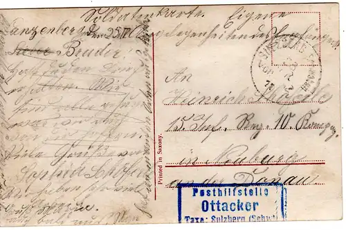 Bayern 1911, Posthilfstelle OTTACKER Taxe Sulzberg auf portofr. Soldaten Karte 