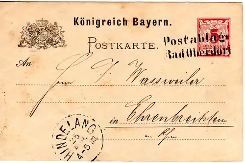 Bayern 1884, L2 Postablage Bad Oberdorf klar auf 5 Pf. Ganzsache