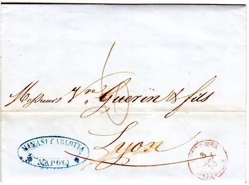 Italien Neapel 1850, roter K2 OUTRE-MER MARSELLE auf Porto Brief n. Frankreich
