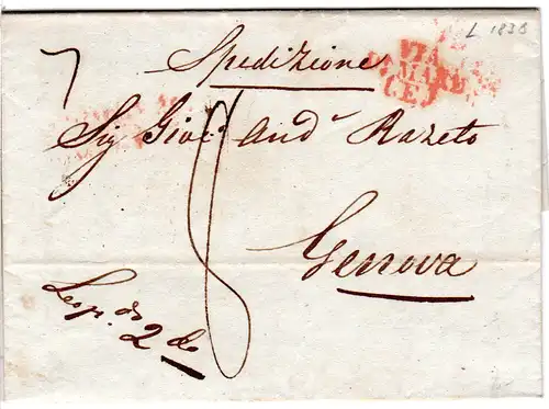 Italien Toscana 1838, roter L3 VIA DI MARE (E) auf Brief v. Livorno n. Genova