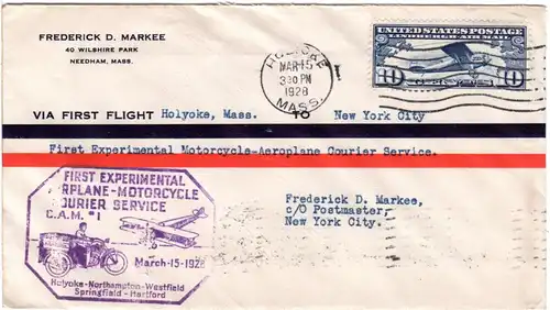 USA 1928, 1st. Experimental Motorcycle-Airmail Courier cover from Holyoke