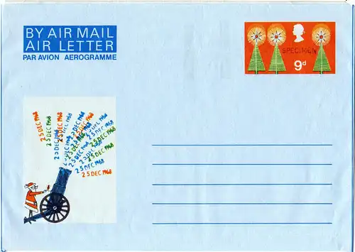 GB LF 22, 9d Weihnachten 1968 Aerogramm m. Aufdruck SPECIMEN