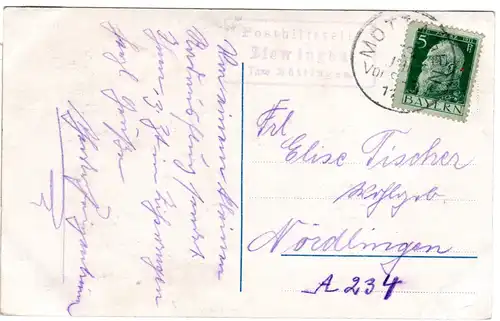 Bayern 1912, Posthilfstelle ZISWINGEN Taxe Möttingen auf Karte m. 5 Pf.