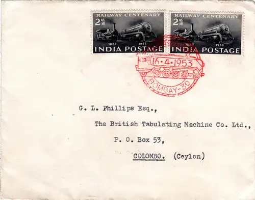 Indien 1953, MeF 2x2 As. Eisenbahn Jubiläum auf FDC m. rotem Dampflok Stempel.