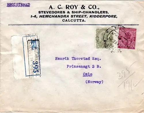 Indien 1931, 2+4 As. auf Firmen Einschreiben Brief v. Calcutta n. Norwegen