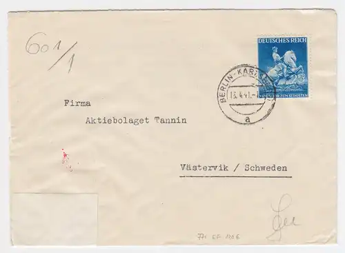 DR Schweden 1941, EF 25 Pf. portorichtig auf Zensur Brief v. Karlshorst. #1971
