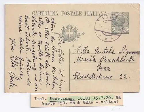Italien 1920, Ganzsache v. ICICI Kroatien n. Graz. Italienische Besetzung! #1958