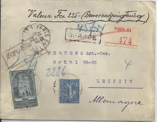 Frankreich 1932, 1+3 Fr. auf Wert Brief v. Paris n. Leipzig. "Gepr. Köln". #1954