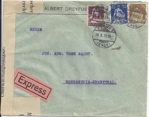 Schweiz 1917, Eilboten Express Brief  v. Zürich m. Bayern Kriegs Zensur. #2653