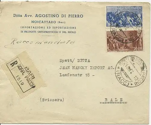 Italien 1947, 15+20 L. auf Einschreiben Brief v. Bari i.d. Schweiz. #1033