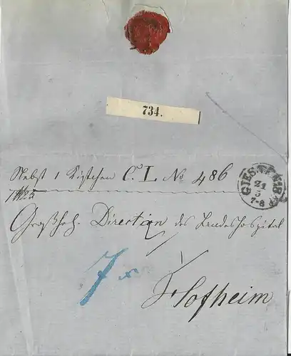 Taxis 1858, K1 Giessen auf Paket Brief, innen Botenlohn Quittung f. 7 Kr. #2728