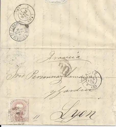 Spanien 1873, 40 C. auf Brief v. Cadiz n. Frankreich.  #1409