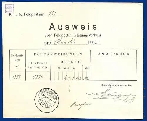Österreich FP Ausweis über Feldpostanweisungsverkehr 1915 m Ungarn Stempel #S445