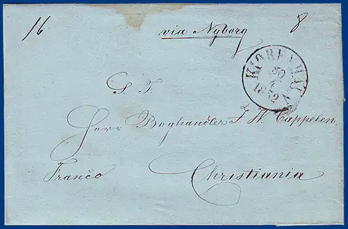 Denmark 1852, prepaid letter to Norway "via Nyborg". #S426