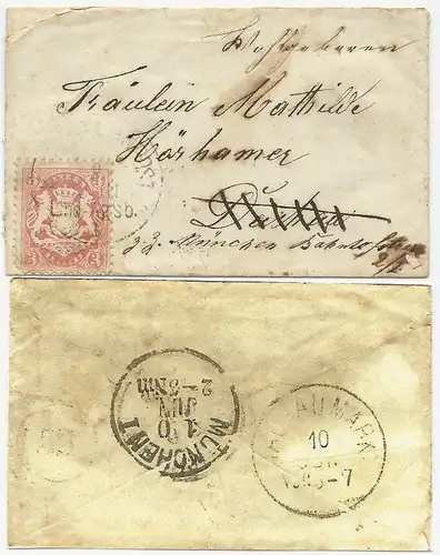 Bayern, 3 Kr. auf Bahnpost Brief n. Dachau, von da Nachsendung n. München. #2116