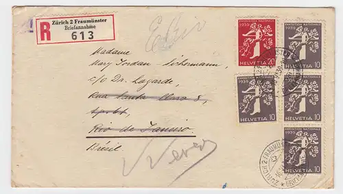 Schweiz 1939, 5 Werte Exposition Nat. auf Einschreiben Brief n. Brasilien. #2570