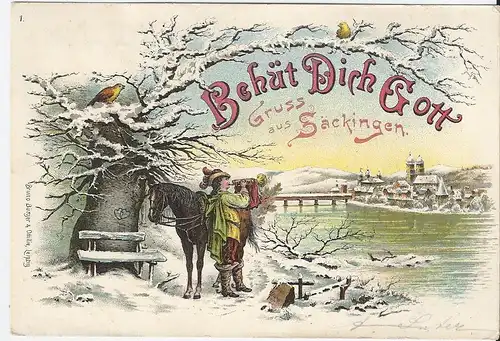 Säckingen 1897, gebr. Winter Litho AK m. Post Reiter u. Pferd. #2563