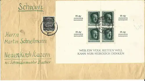 DR 1937, Block 11 zus. m. 1 Pf. auf portorichtigem Brief v. Weimar i.d. Schweiz.