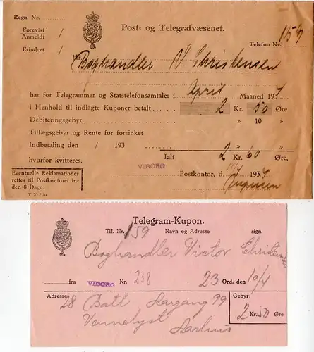 Dänemark 1934, Telegramm-Kupon nebst offiziellem Post Umschlag v. VIBORG