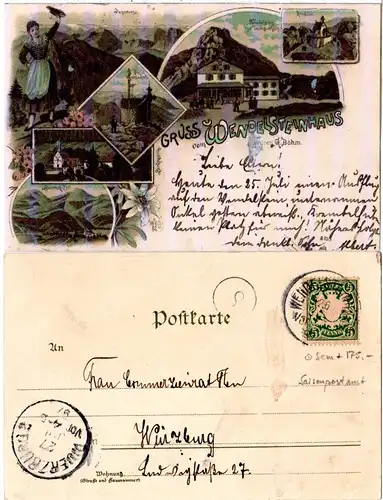 Bayern 1897, Postablage-K1 WENDELSTEINHAUS auf Litho-AK m. 5 Pf. (Sem 175.-)