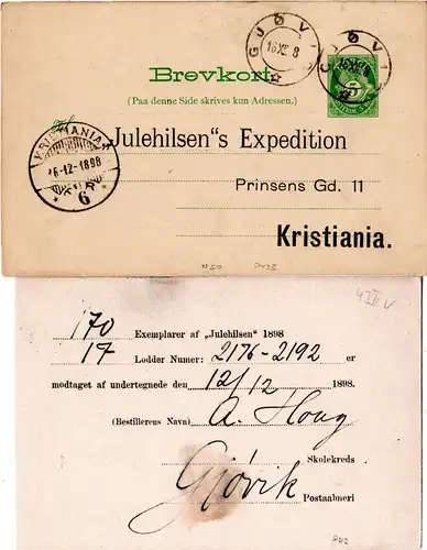 Norwegen 1898, 5 öre Ganzsache v. Gjövig m. Weihnachten Zudruck Julehilsen