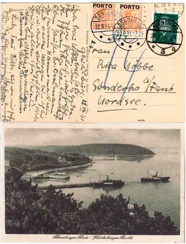 DR 1931, sw-AK v. Flensburg n. SÖNDERHÖ b. Fanö m. Paar 7 öre Porto Dänemark