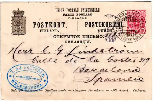 Finnland 1894, 10 P Ganzsache v. Helsinki n. Spanien. Bessere Europadestination!