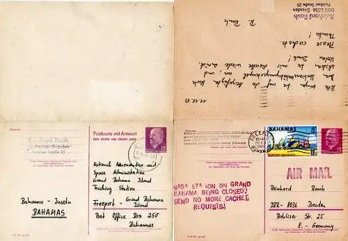 DDR P74, 15+15 Pf Doppelkarte kpl. hin u. zurückgebr. m. Bahamas Zusatzfrankatur