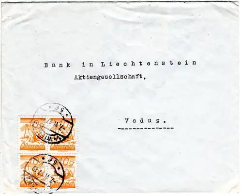 Österreich 1927, 4er-Block 10 G. auf Bank Brief v. Wien n. Vaduz, Liechtenstein.