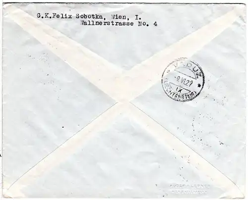 Österreich 1927, 4er-Block 10 G. auf Bank Brief v. Wien n. Vaduz, Liechtenstein.