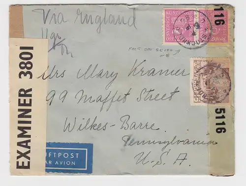 Schweden 1943, Paar 120+15 öre auf Luftpost Zensur Brief n. USA