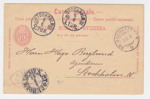 Schweiz 1898, 10 C. Ganzsache m. rs. Zudruck v. Gr. Höchstetten n. Schweden