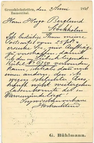 Schweiz 1898, 10 C. Ganzsache m. rs. Zudruck v. Gr. Höchstetten n. Schweden