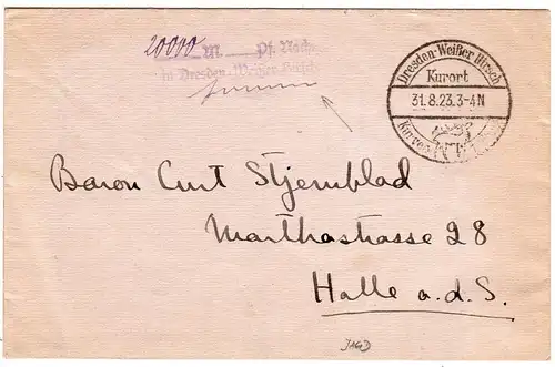DR 1923, Dresden Weißer Hirsch Gebühr bez. auf Brief m. Sonderstpl.